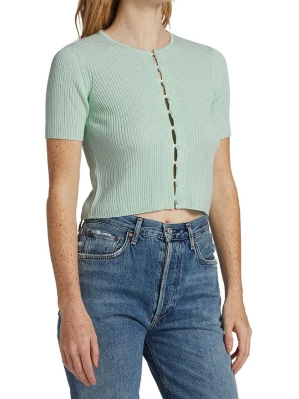 NEW Naadam Silk Cashmere Ribbed Short Sleeve Cardigan Pale Blue XS